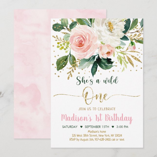 Wild One Boho Floral Pink Gold Birthday Invitation (Front/Back)