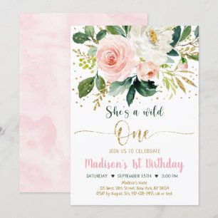 Wild One Boho Floral Pink Gold Birthday Invitation
