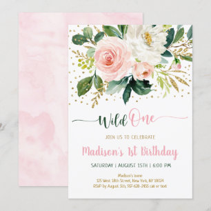 Wild One Boho Floral Pink Gold Birthday Invitation