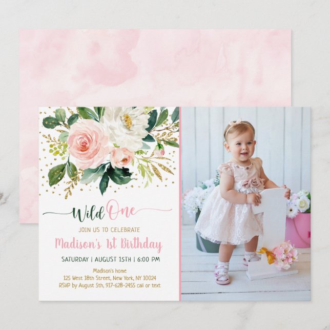 Wild One Boho Floral Pink Gold Birthday Invitation (Front/Back)
