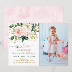 Wild One Boho Floral Pink Gold Birthday Invitation