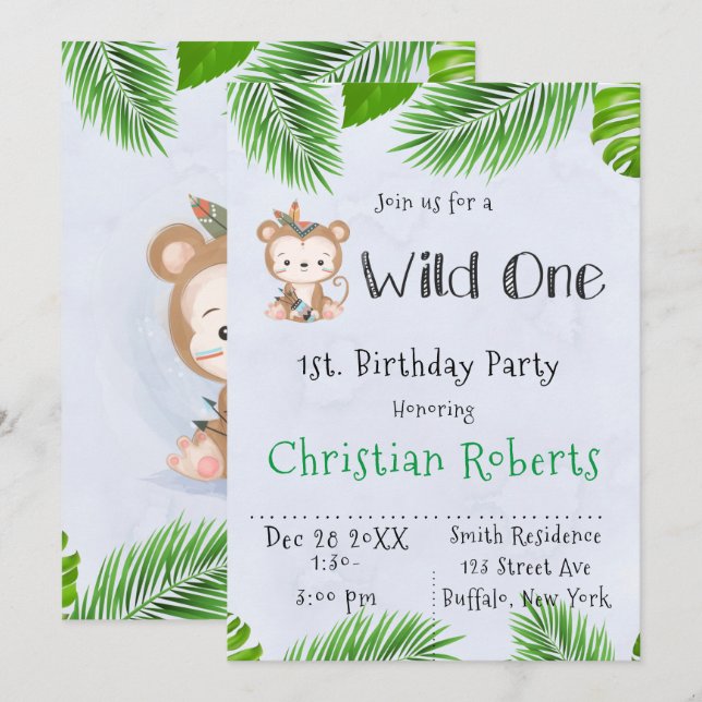 Wild One Boho Monkey Birthday Party Invitation (Front/Back)