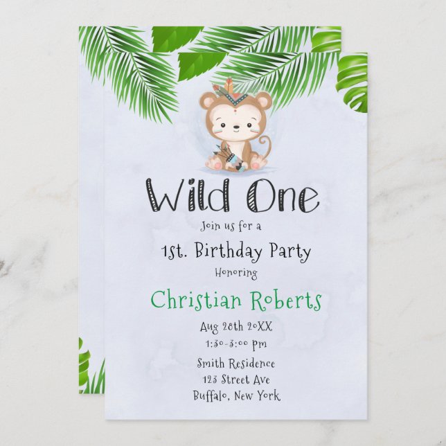 Wild One Boho Monkey Birthday Party Invitation (Front/Back)