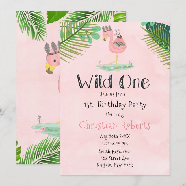 Wild One Boho Pink Flamingo 1st Birthday Party  Invitation (Front/Back)