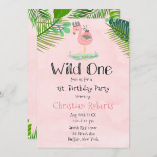 Wild One Boho Pink Flamingo 1st Birthday Party  Invitation