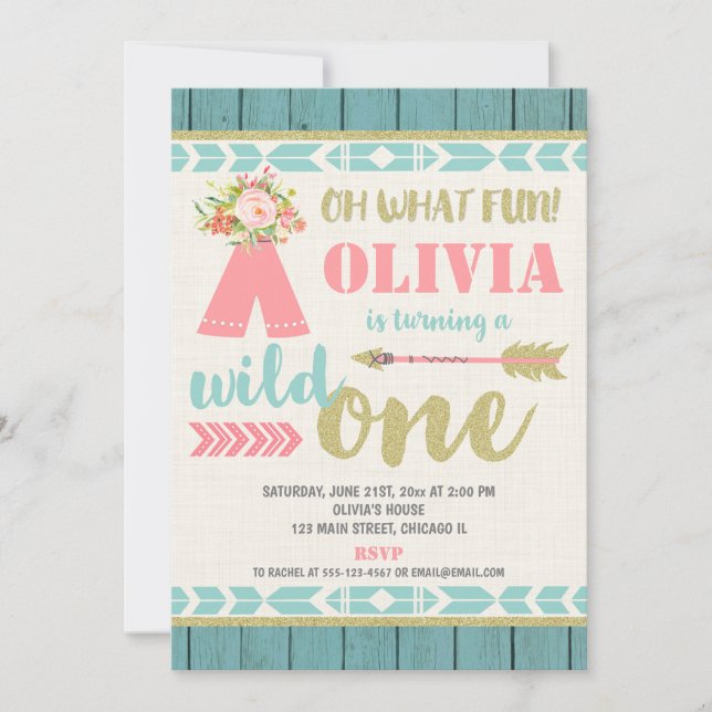 Wild one boho pink teal 1st first birthday party invitation (Front)