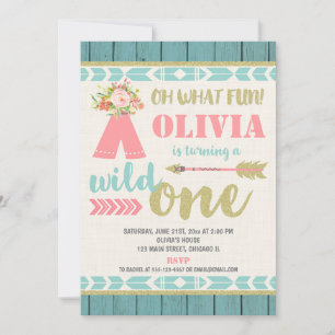 Wild one boho pink teal 1st first birthday party invitation