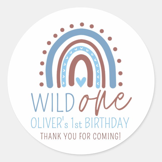 Wild ONE Boho Rainbow Blue Boy Birthday 1st Thank Classic Round Sticker (Front)