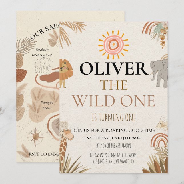 Wild One - Boho Safari First Birthday Invitation (Front/Back)