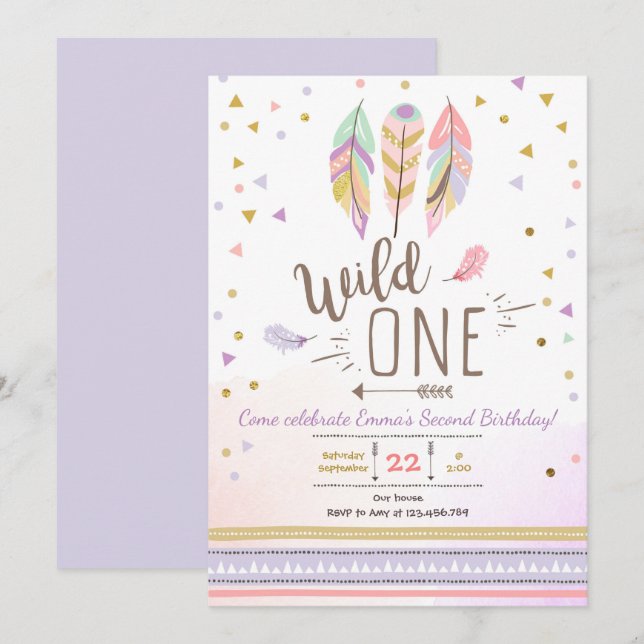Wild One Boho Tribal Girl Purple Gold Feathers Invitation (Front/Back)