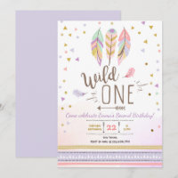 Wild One Boho Tribal Girl Purple Gold Feathers