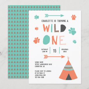 Wild One Boho Tribal Girls Birthday Orange Teal Invitation