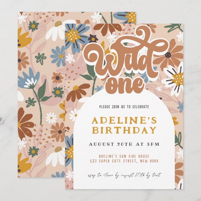 Wild One Boho Wildflower 1st Birthday Retro Floral Invitation (Front/Back)
