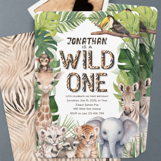 Wild one boy 1st birthday jungle safari themed  invitation (Wild one, Safari Jungle animal, boy 1st birthday invitations.)