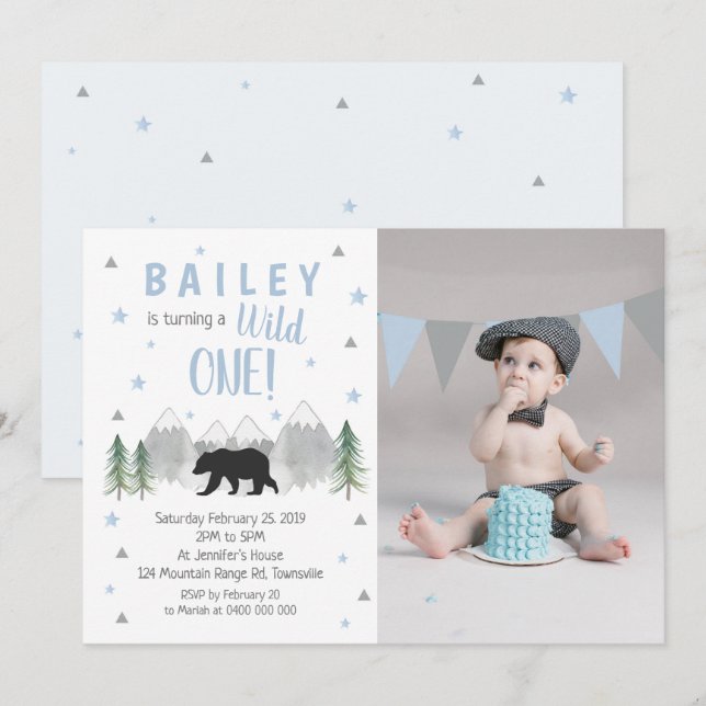 Wild One Boy 1st Birthday Photo Invitation (Front/Back)