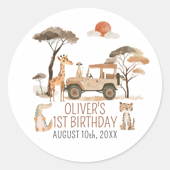 Wild One Boy 1st Birthday Safari Classic Round Sticker (Front)