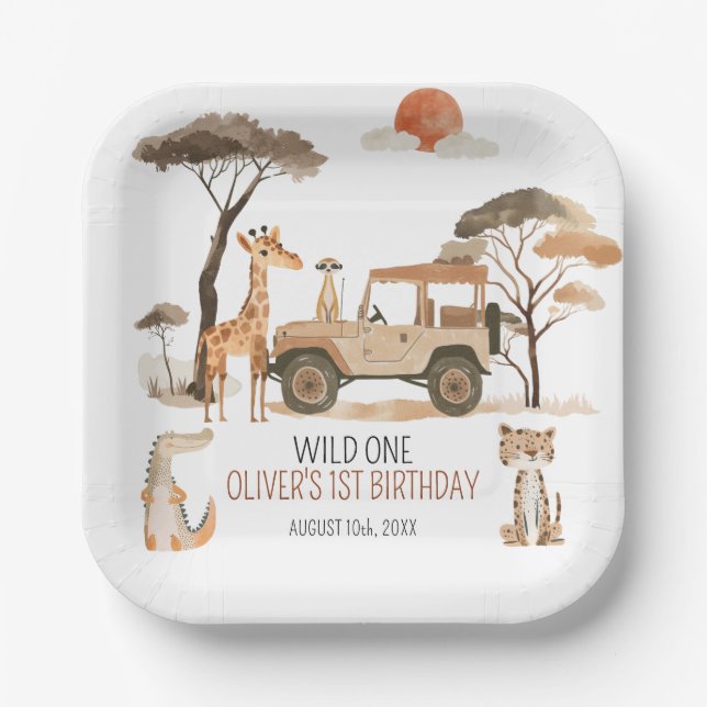 Wild One Boy 1st Birthday Safari Paper Plate (Front)