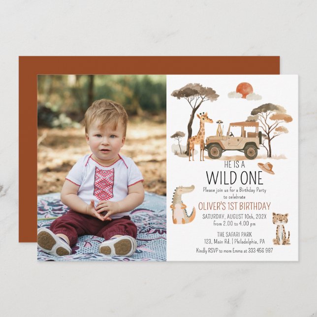 Wild One Boy 1st Birthday Safari Photo Save The Date (Front/Back)