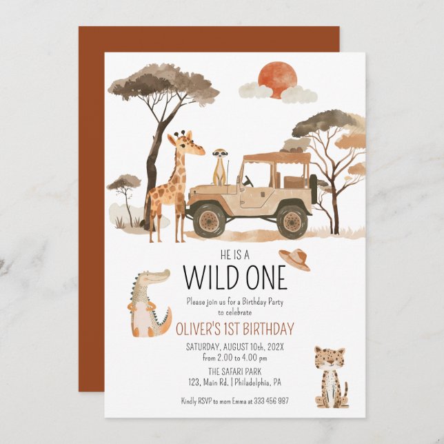 Wild One Boy 1st Birthday Safari Save The Date (Front/Back)
