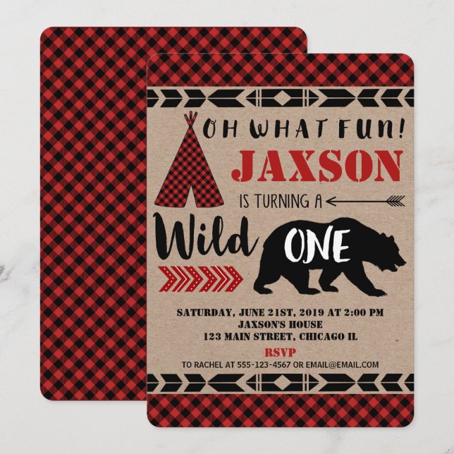 Wild one boy 1st first birthday invitation kraft (Front/Back)