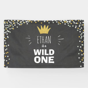 Wild One Boy Birthday Banner Black Gold Crown