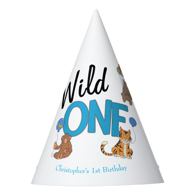 Wild One Boys First Birthday Safari Jungle Animals Party Hat (Front)