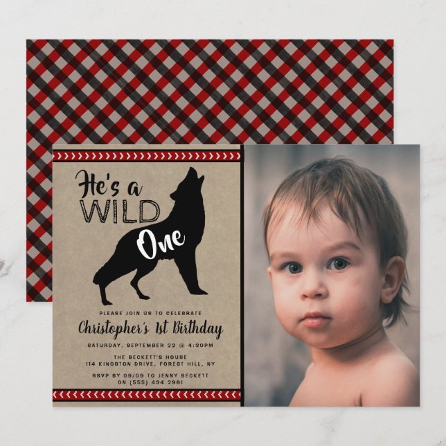 Wild One Boys Photo First Birthday Invitations (Front/Back)