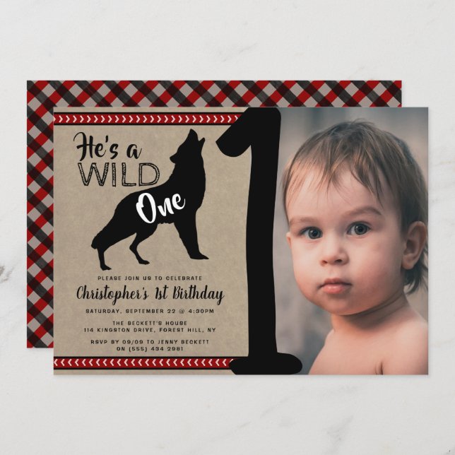 Wild One Boys Photo First Birthday Invitations (Front/Back)