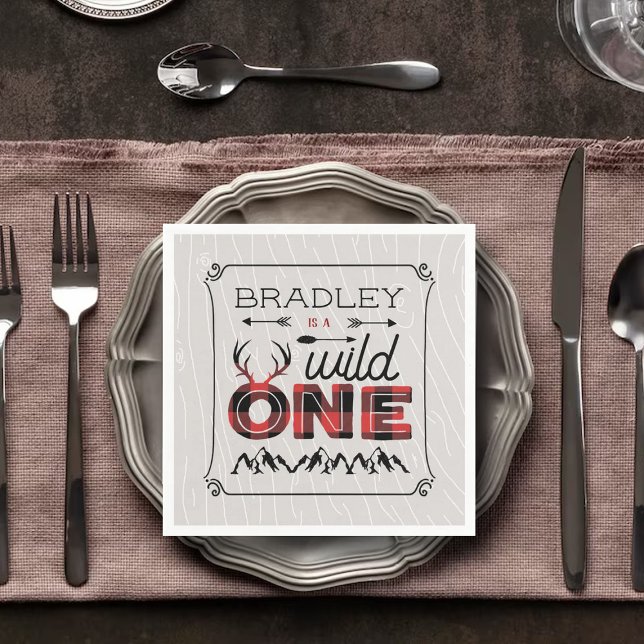 Wild One Boys Rustic Plaid Lumberjack 1st Birthday Napkin (Creator Uploaded)