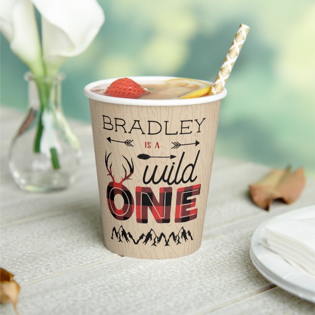 Wild One Boys Rustic Plaid Lumberjack 1st Birthday Paper Cups (Insitu)
