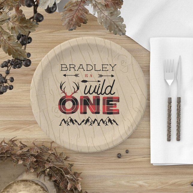 Wild One Boys Rustic Plaid Lumberjack 1st Birthday Paper Plate (Creator Uploaded)
