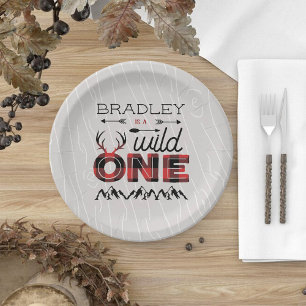 Wild One Boys Rustic Plaid Lumberjack 1st Birthday Paper Plate