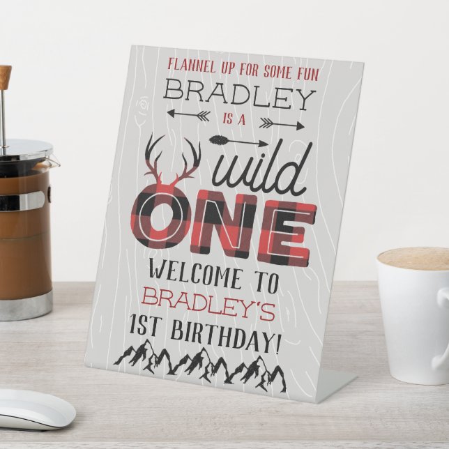 Wild One Boys Rustic Plaid Lumberjack 1st Birthday Pedestal Sign (In SItu)