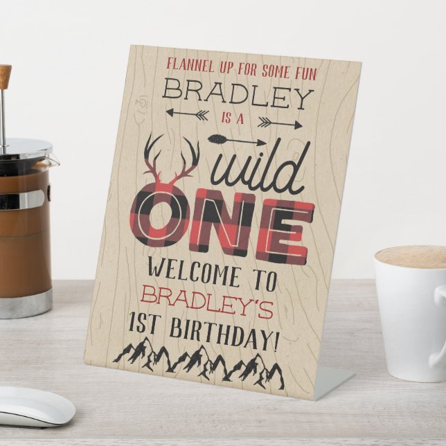 Wild One Boys Rustic Plaid Lumberjack 1st Birthday Pedestal Sign (In SItu)
