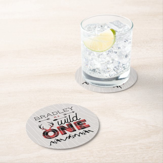 Wild One Boys Rustic Plaid Lumberjack 1st Birthday Round Paper Coaster (Insitu)