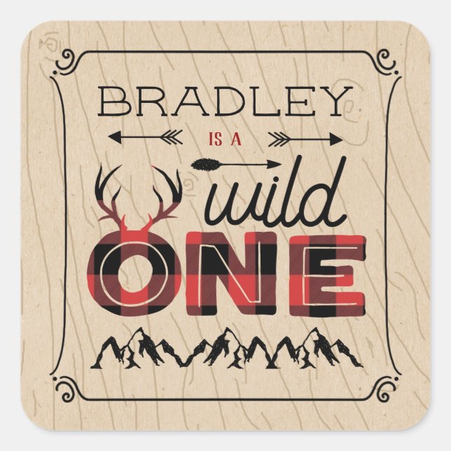 Wild One Boys Rustic Plaid Lumberjack 1st Birthday Square Sticker (Front)