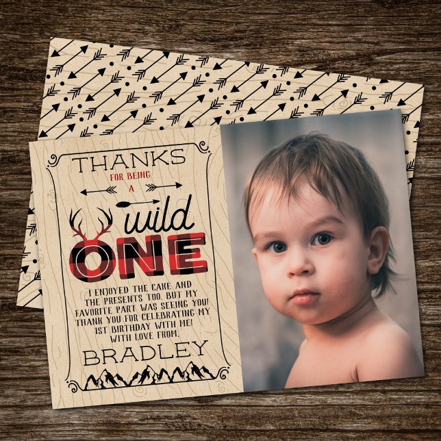 Wild One Boys Rustic Plaid Lumberjack 1st Birthday Thank You Card (Creator Uploaded)