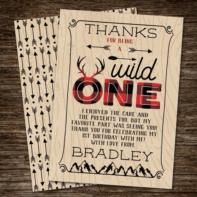 Wild One Boys Rustic Plaid Lumberjack 1st Birthday Thank You Card (Creator Uploaded)