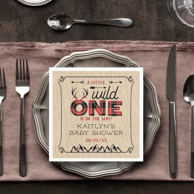 Wild One Boys Rustic Plaid Lumberjack Baby Shower Napkin (Creator Uploaded)