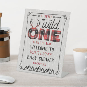 Wild One Boys Rustic Plaid Lumberjack Baby Shower Pedestal Sign