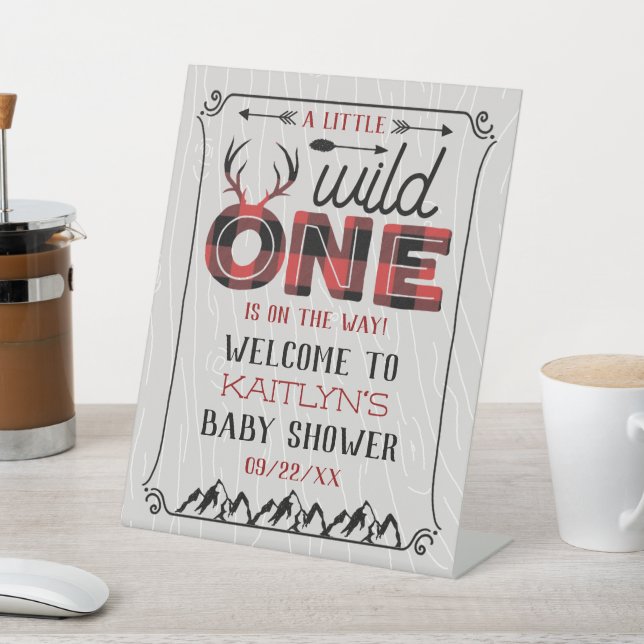 Wild One Boys Rustic Plaid Lumberjack Baby Shower Pedestal Sign (In SItu)