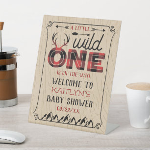 Wild One Boys Rustic Plaid Lumberjack Baby Shower Pedestal Sign