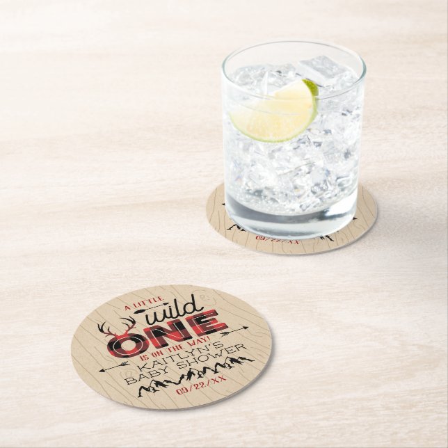 Wild One Boys Rustic Plaid Lumberjack Baby Shower Round Paper Coaster (Insitu)