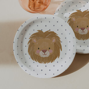 Wild One Boys' Safari Lion Blue Polkadot Paper Plate