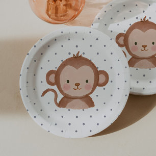 Wild One Boys' Safari Monkey Blue Polkadot Paper Plate