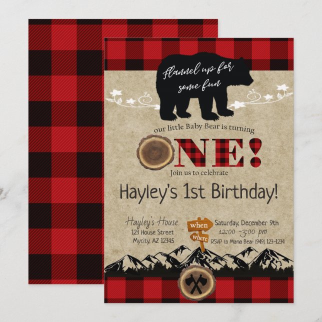 Wild One Buffalo Plaid Little Bear Birthday Invitation (Front/Back)