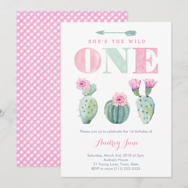 Wild One Cactus 1st birthday invites for Girl (Front/Back)