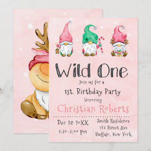 Wild One Christmas Gnomes 1st Birthday Party  Invitation
