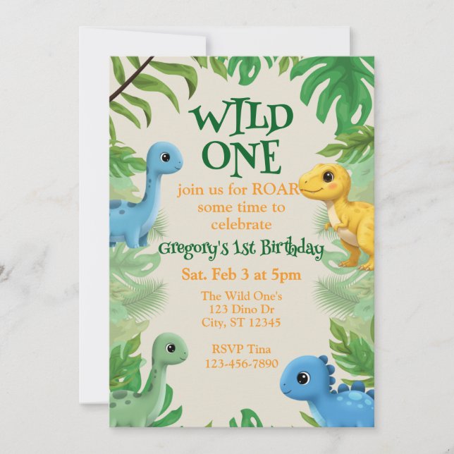 Wild One, colorful, cute dinosaur 1st birthday Invitation (Front)