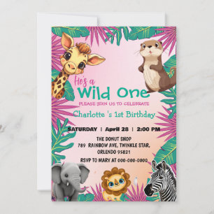 Wild One colourful jungle boys 1st Animal Birthday Invitation